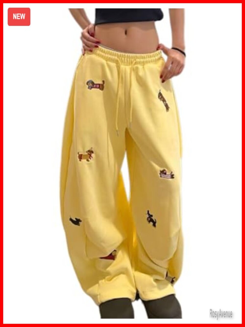 Baggy Wide Leg Sweatpants Animal Dachshund Embroidered Drawstring Y2K
